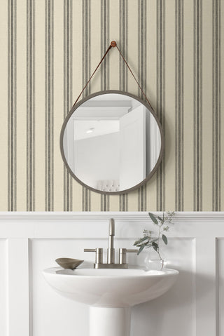 Woven Ticking Stripe Peel and Stick Removable Wallpaper bathroom in shade Black at Say Decor