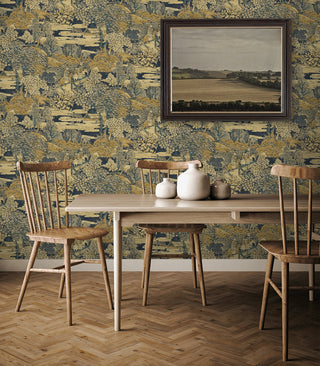 NW61202 Zelkova Garden Toile Yellow Blue Peel and Stick Removable Wallpaper Dining Room at Say Decor