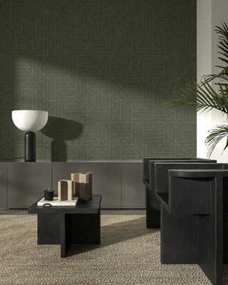 Mitchell Black Sabrina Yvonne Nala Geometric Wallpaper sitting room in shade Olive Green at Say Decor