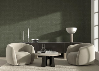 Mitchell Black Sabrina Yvonne Nala Geometric Wallpaper living room in shade Olive Green at Say Decor