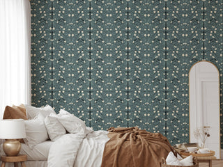 Mitchell Black Orange Bush Botanical Wallpaper Blue Bedroom at Say Decor