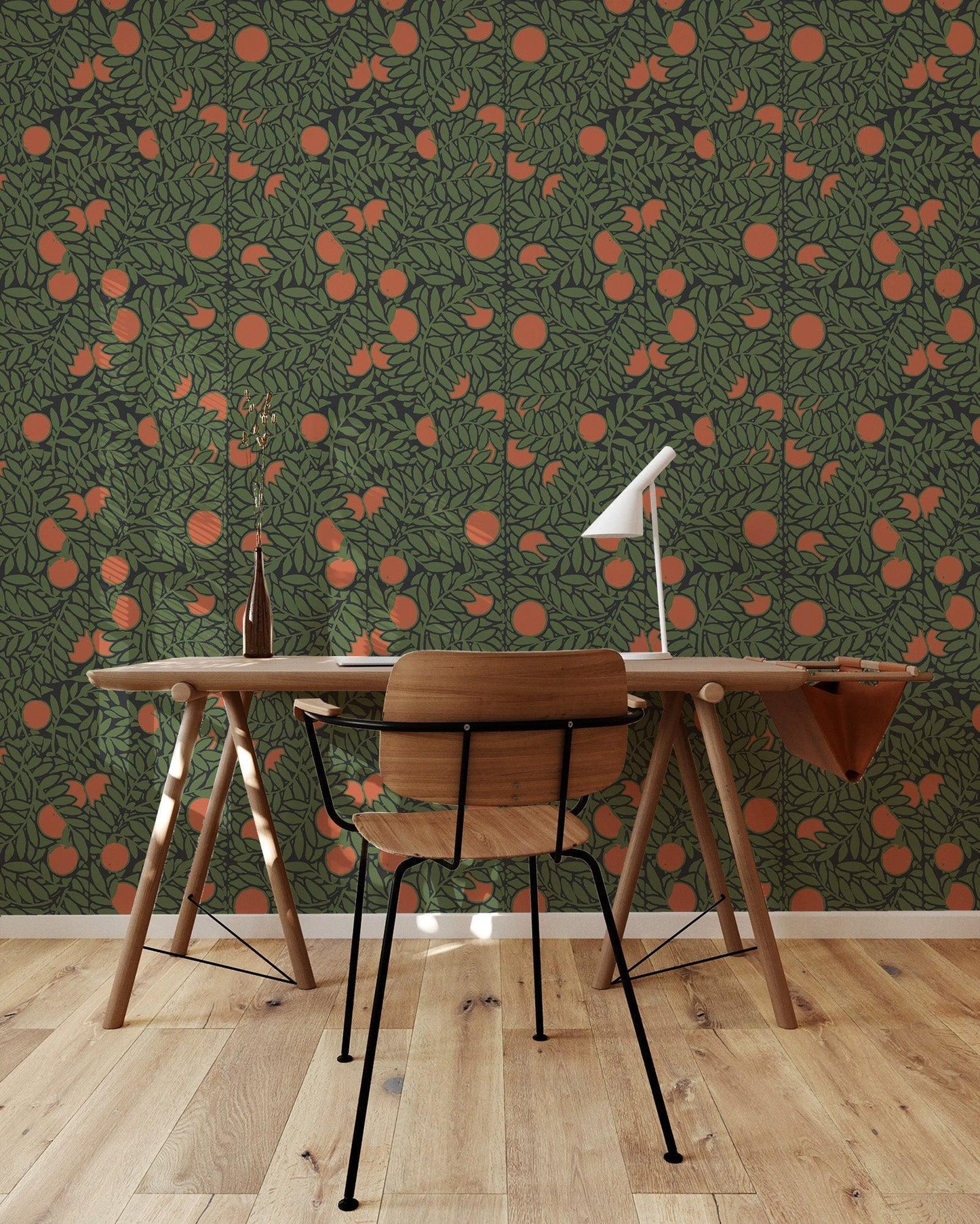 Mitchell Black Orange Bush Botanical Wallpaper Forest Green Desk at Say Decor