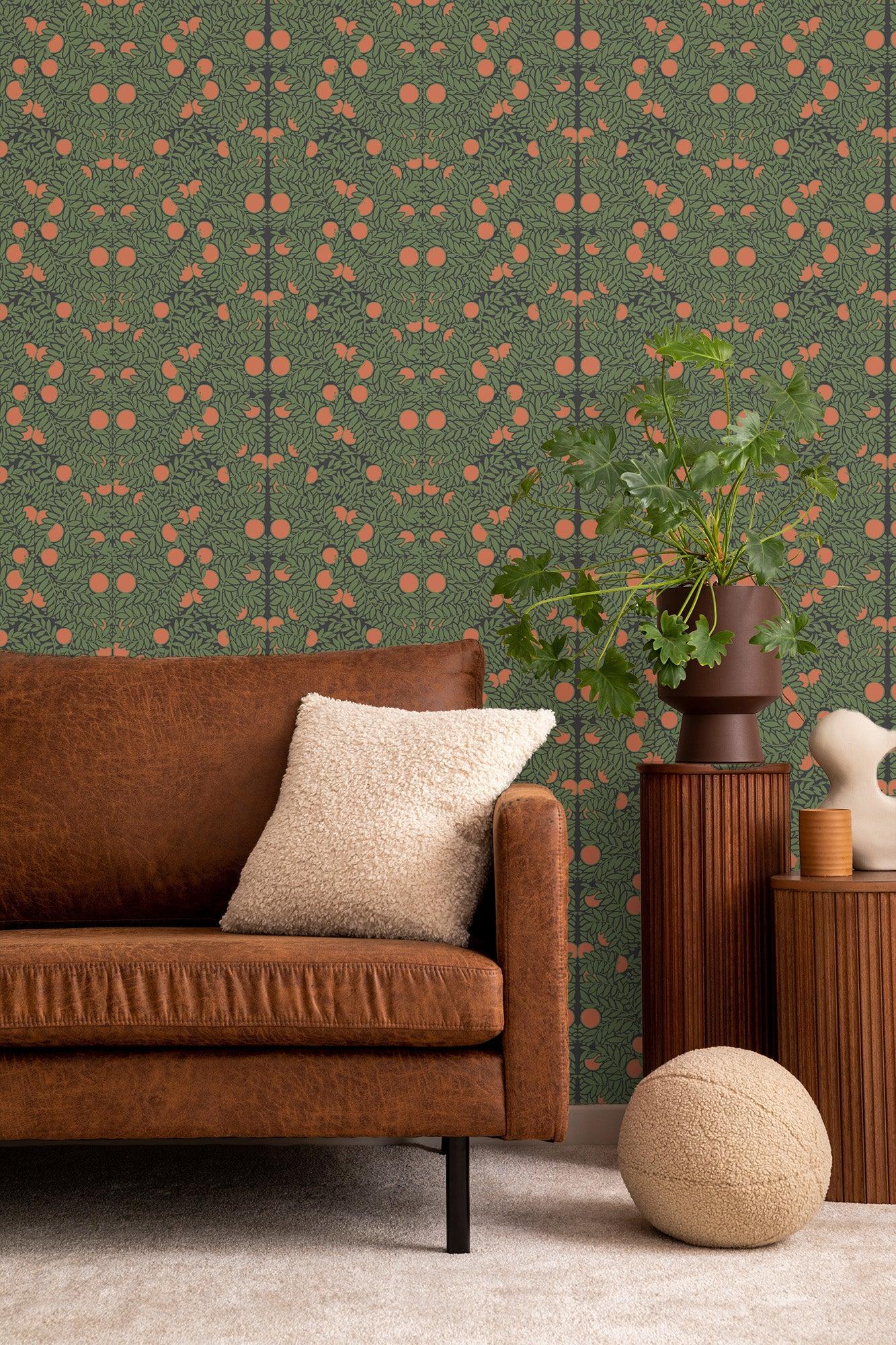 Mitchell Black Orange Bush Botanical Wallpaper Forest Green Living Room at Say Decor