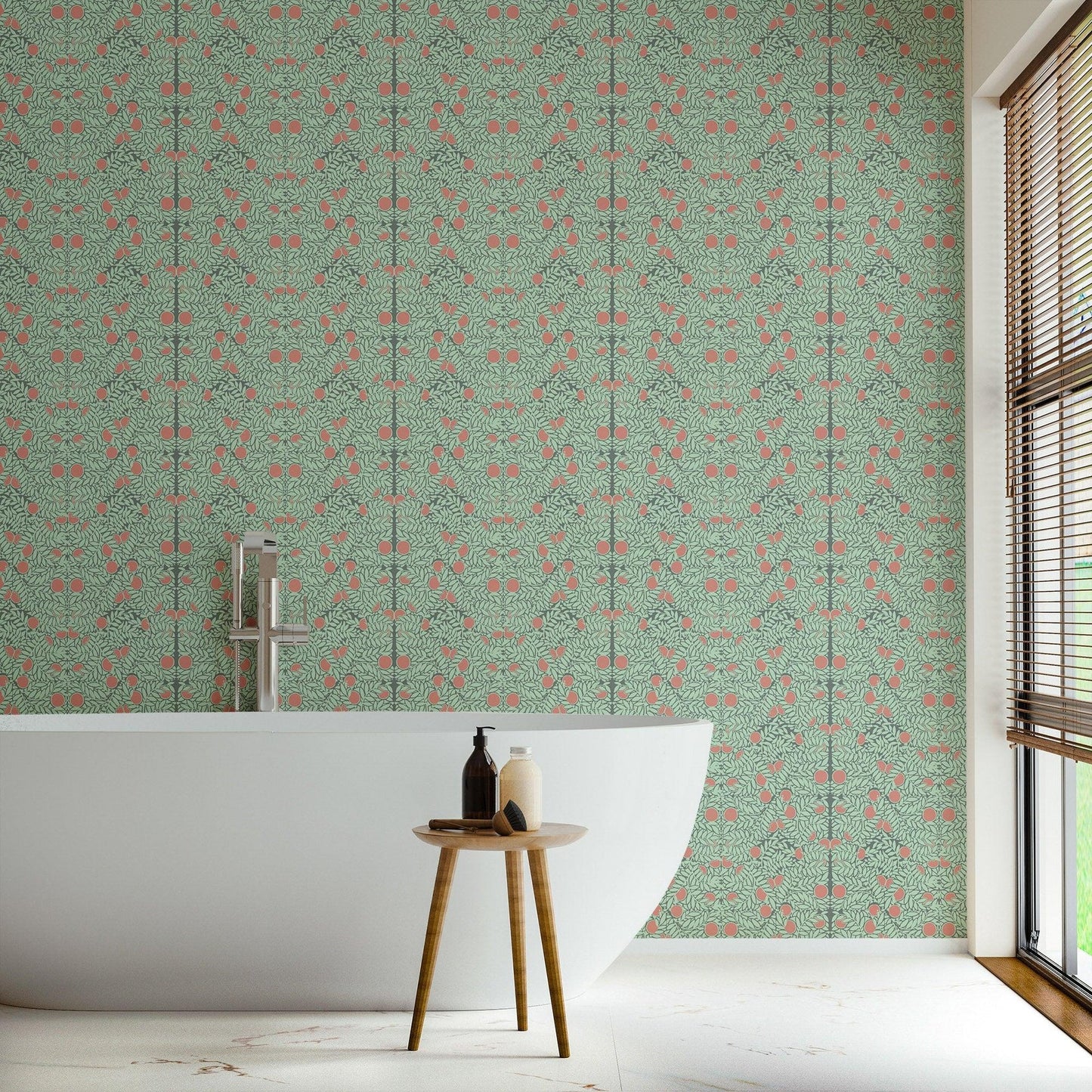 Mitchell Black Orange Bush Botanical Wallpaper Mint bathroom at Say Decor