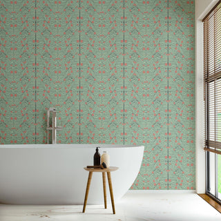 Mitchell Black Orange Bush Botanical Wallpaper Mint bathroom at Say Decor