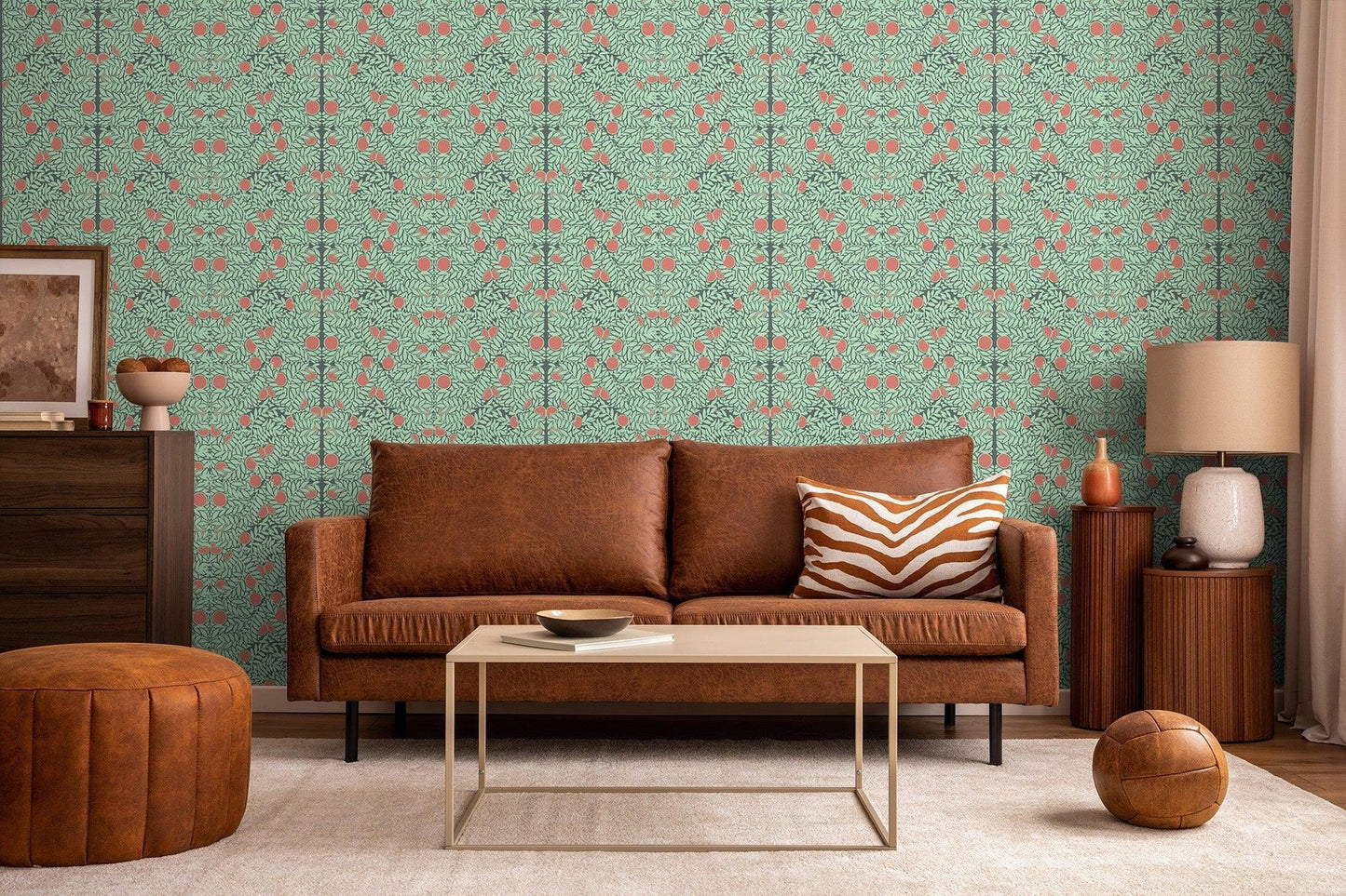 Mitchell Black Orange Bush Botanical Wallpaper Mint living room at Say Decor