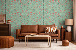 Mitchell Black Orange Bush Botanical Wallpaper Mint living room at Say Decor
