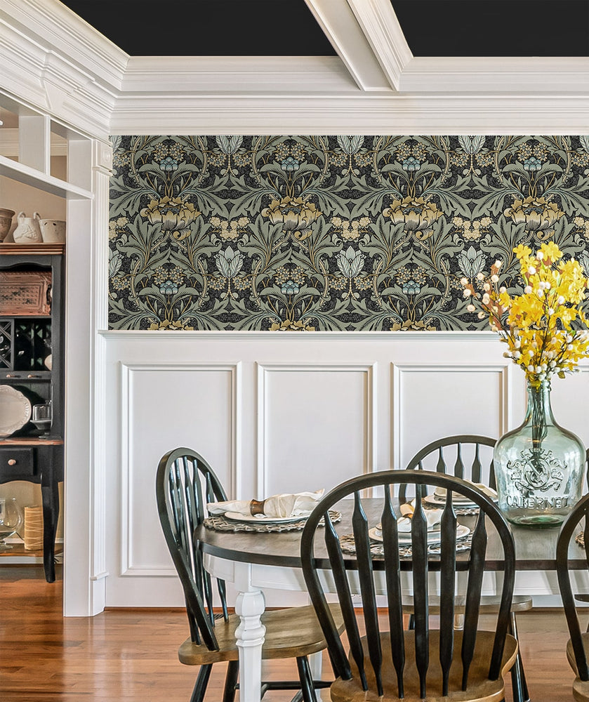 PR10010 vintage floral morris prepasted wallpaper dining room from Seabrook Designs