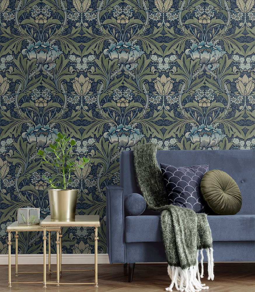 PR10012 vintage floral morris prepasted wallpaper living room from Seabrook Designs