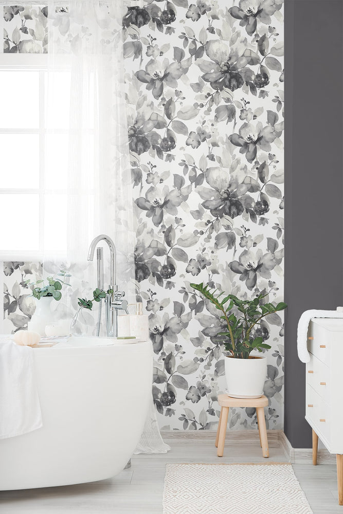 PR12700 watercolor floral prepasted wallpaper bathroom from Seabrook Designs