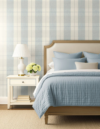Blue Etched Plaid Prepasted Wallpaper Bedroom at Say Decor