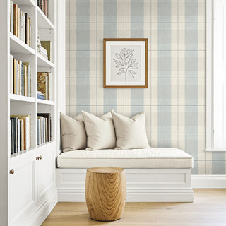 Blue Etched Plaid Prepasted Wallpaper Reading Nook at Say Decor