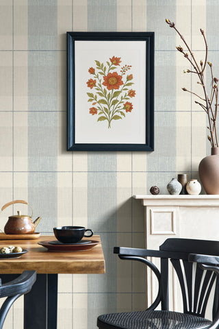 Blue Etched Plaid Prepasted Wallpaper Dining Room at Say Decor