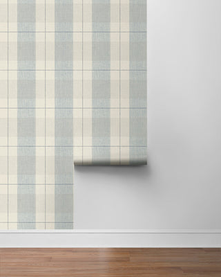 Blue Etched Plaid Prepasted Wallpaper Roll at Say Decor