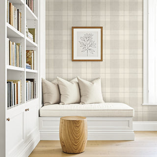 Beige Etched Plaid Prepasted Wallpaper Reading Nook at Say Decor