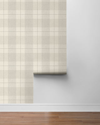 Beige Etched Plaid Prepasted Wallpaper Roll at Say Decor