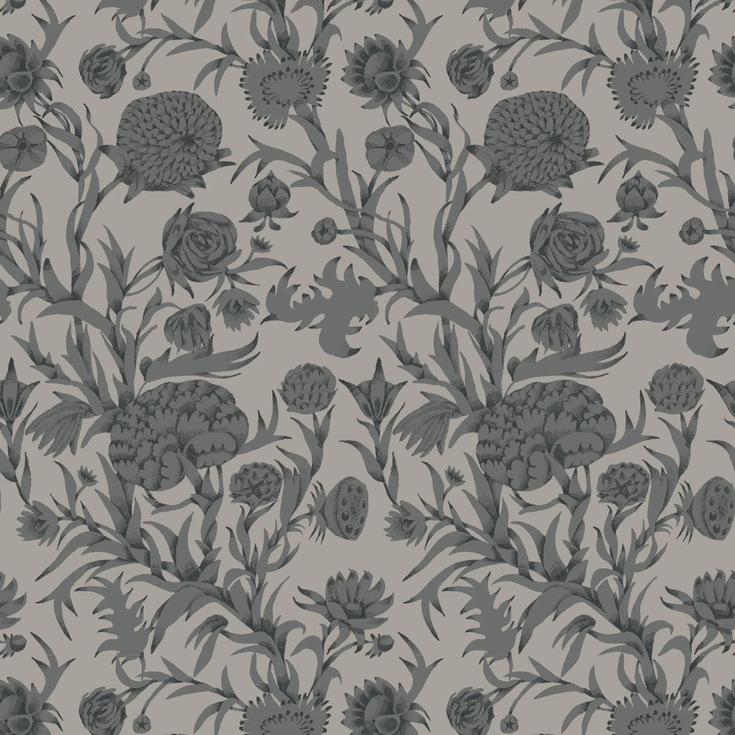 Mitchell Black Patterned Garden Blooming Thicket Botanical Wallpaper in shade Ash at Say Decor
