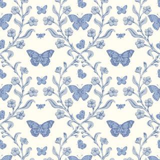 Mitchell Black Butterfly Garden Botanical Wallpaper in shade Porcelain Blue at Say Decor