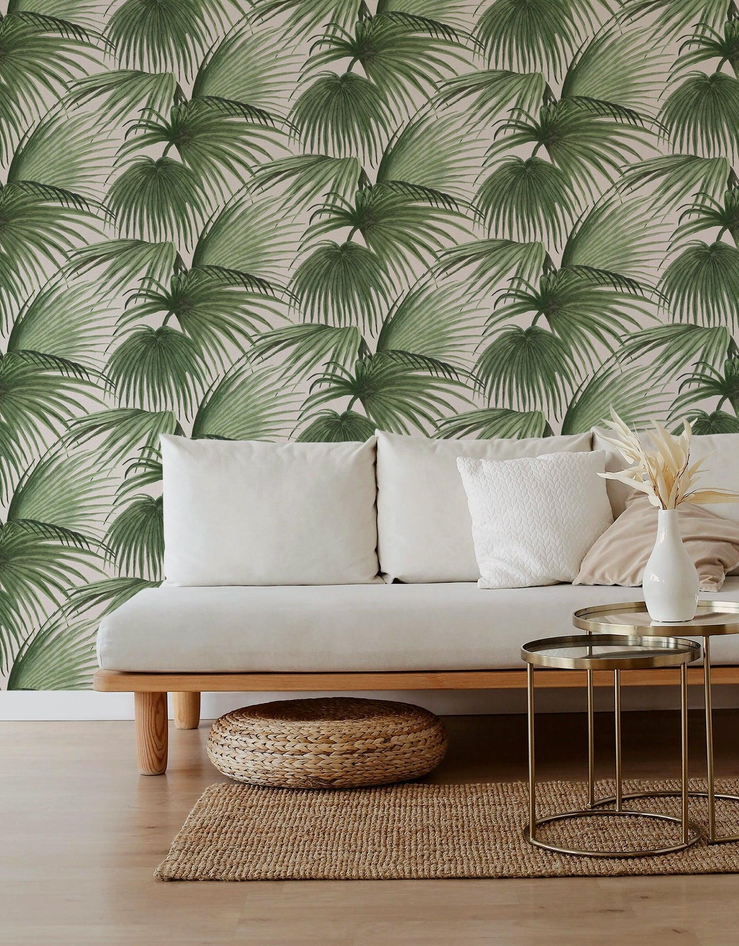 Mitchell Black x Megan Molten Pawley’s Island Palms Botanical Wallpaper living room in shade Barely Blush at Say Decor
