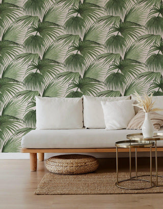 Mitchell Black x Megan Molten Pawley’s Island Palms Botanical Wallpaper living room in shade Barely Blush at Say Decor