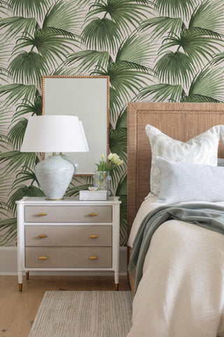 Mitchell Black x Megan Molten Pawley’s Island Palms Botanical Wallpaper bedroom in shade Barely Blush at Say Decor