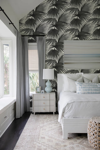 Mitchell Black x Megan Molten Pawley’s Island Palms Botanical Wallpaper bedroom in shade Black at Say Decor