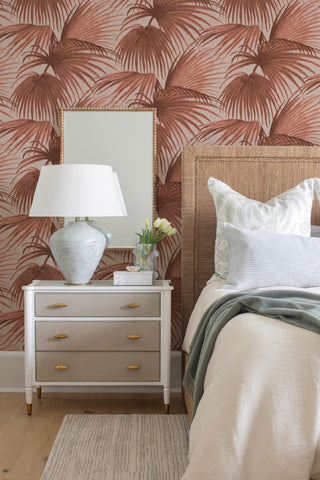 Mitchell Black x Megan Molten Pawley’s Island Palms Botanical Wallpaper bedroom in shade Clay at Say Decor