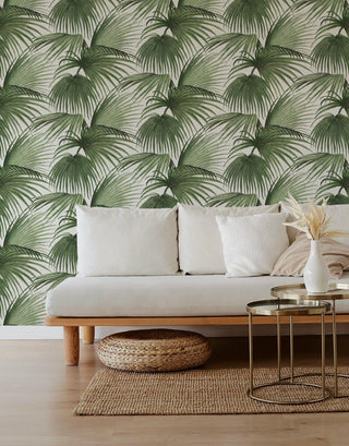 Mitchell Black x Megan Molten Pawley’s Island Palms Botanical Wallpaper living room in shade Linen at Say Decor