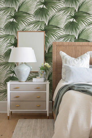 Mitchell Black x Megan Molten Pawley’s Island Palms Botanical Wallpaper bedroom in shade Linen at Say Decor