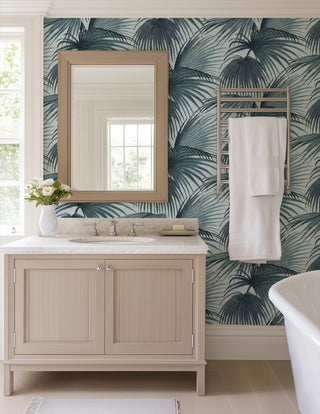 Mitchell Black x Megan Molten Pawley’s Island Palms Botanical Wallpaper bathroom in shade Blue at Say Decor