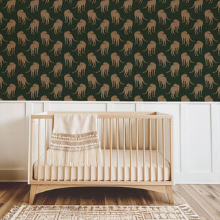 Mitchell Black Prowling Cheetah Wallpaper nursery in shade Forest Green at Say Decor