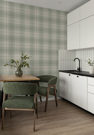 Faux Linen Plaid Unpasted Wallpaper Dining Room in shade Green Mist at Say Decor