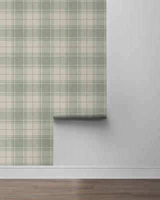 Faux Linen Plaid Unpasted Wallpaper Roll in shade Green Mist at Say Decor