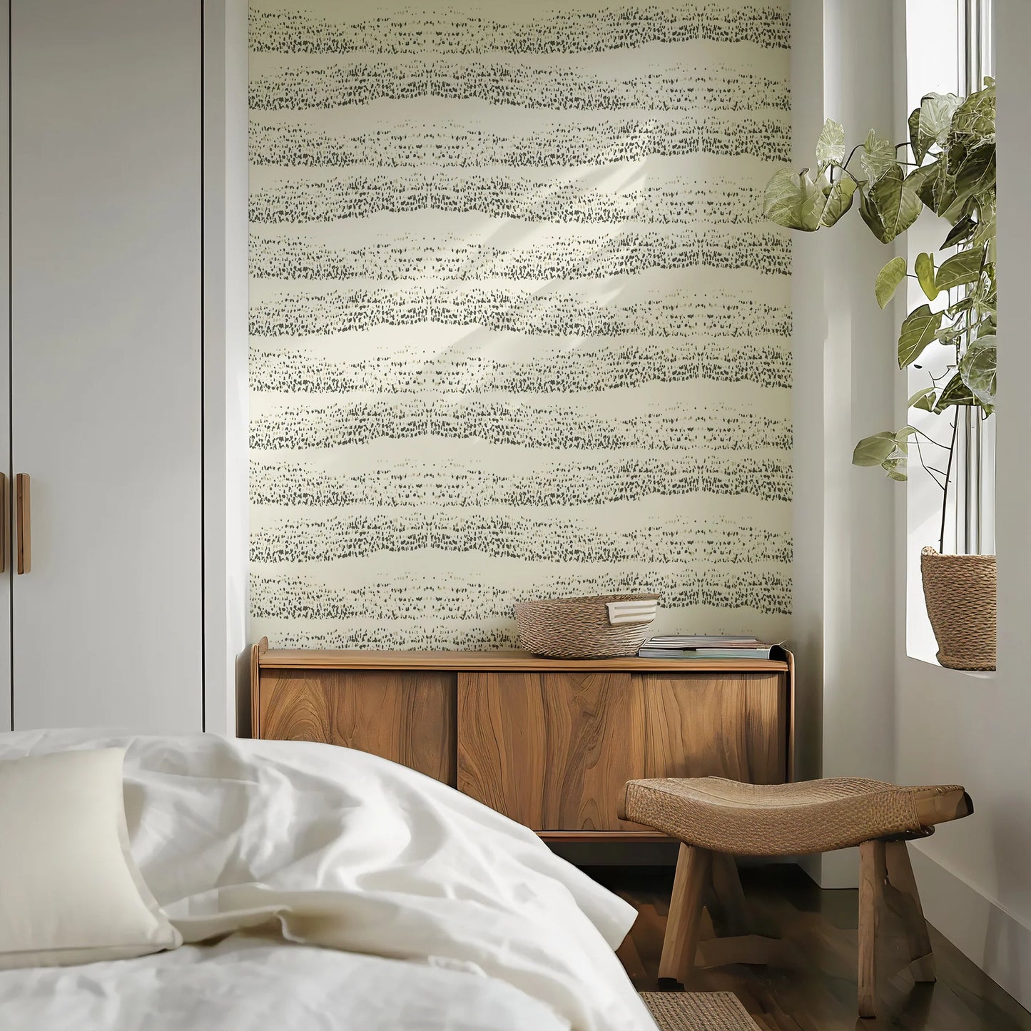 Mitchell Black Revel Reflections Abstract Wallpaper bedroom in shade Parchment at Say Decor