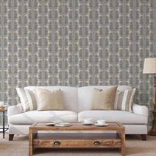 Mitchell Black Betty Palm Leaf Botanical Wallpaper in shade Cashmere living room at Say Decor