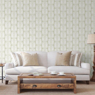 Mitchell Black Betty Palm Leaf Botanical Wallpaper in shade Seagrass living room at Say Decor