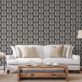 Mitchell Black Betty Palm Leaf Botanical Wallpaper in shade Black living room at Say Decor