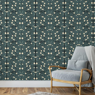 Mitchell Black Orange Bush Botanical Wallpaper Blue Living Room at Say Decor