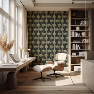 Mitchell Black Retro Tiki Palm Trees Botanical Wallpaper office in shade Black at Say Decor