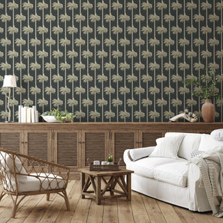 Mitchell Black Retro Tiki Palm Trees Botanical Wallpaper living room in shade Black at Say Decor