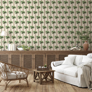 Mitchell Black Retro Tiki Palm Trees Botanical Wallpaper living room in shade Linen at Say Decor
