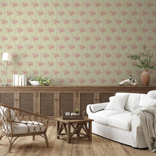 Mitchell Black Retro Tiki Palm Trees Botanical Wallpaper living room in shade Pink at Say Decor