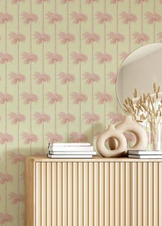 Mitchell Black Retro Tiki Palm Trees Botanical Wallpaper decor in shade Pink at Say Decor