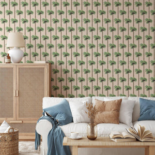 Mitchell Black Retro Tiki Palm Trees Botanical Wallpaper living room in shade Tan at Say Decor