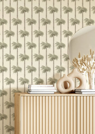 Mitchell Black Retro Tiki Palm Trees Botanical Wallpaper decor in shade Sunbleached at Say Decor