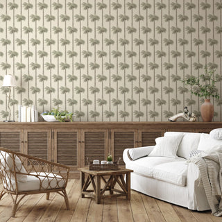 Mitchell Black Retro Tiki Palm Trees Botanical Wallpaper living room in shade Sunbleached at Say Decor