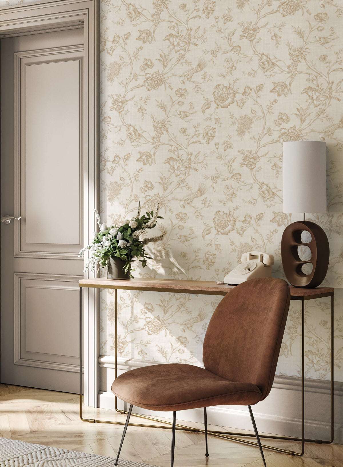 Leoura Chinoiserie Neutral Peel and Stick Wallpaper Living Room at Say Decor