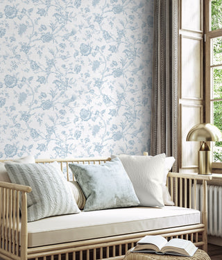 Blue Leoura Chinoiserie Premium Matte Non-Woven Peel and Stick Wallpaper living room at Say Decor