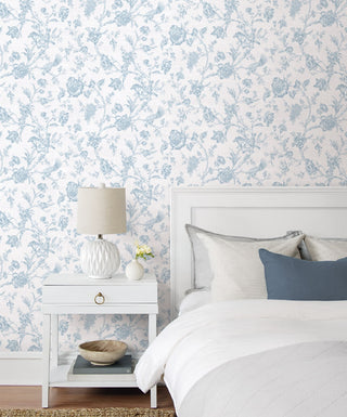 Blue Leoura Chinoiserie Premium Matte Non-Woven Peel and Stick Wallpaper bedroom at Say Decor