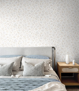 Perola White Meadow Floral Bunches Premium Matte Non-Woven Peel and Stick Wallpaper Bedroom at Say Decor